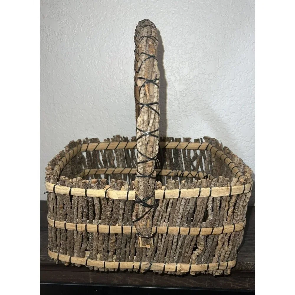 Rustic Twig/Stick Forest Basket 13x11x11” Handle Sturdy Well Made Cottage Easter